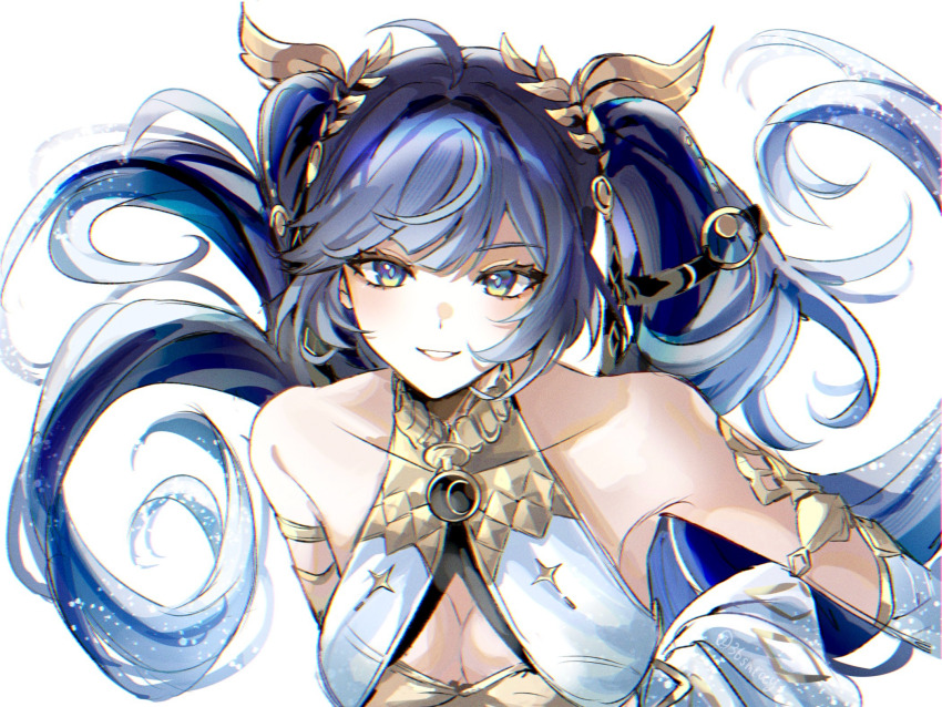 1girl, ahoge, armlet, bare_shoulders, blue_eyes, blue_hair, breasts, cleavage