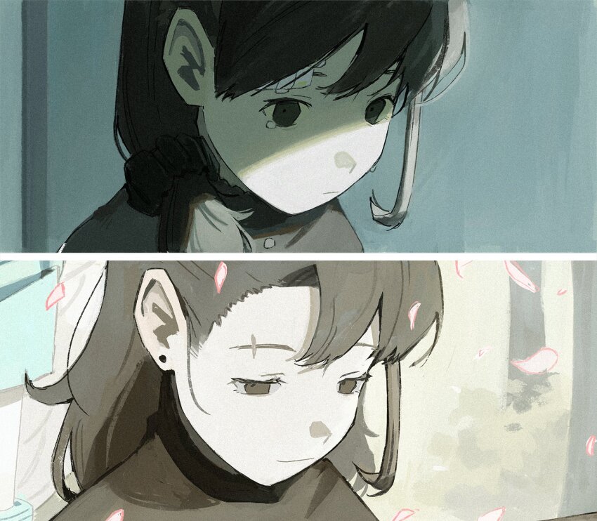 1girl, age_progression, bandaid, bandaid_on_face, black_hair, braid, cherry_blossoms, crying