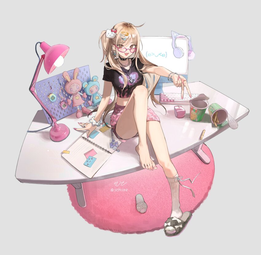 1girl, absurdres, animal_ear_headphones, animal_ears, arm_support, barefoot, black_collar, black_shirt