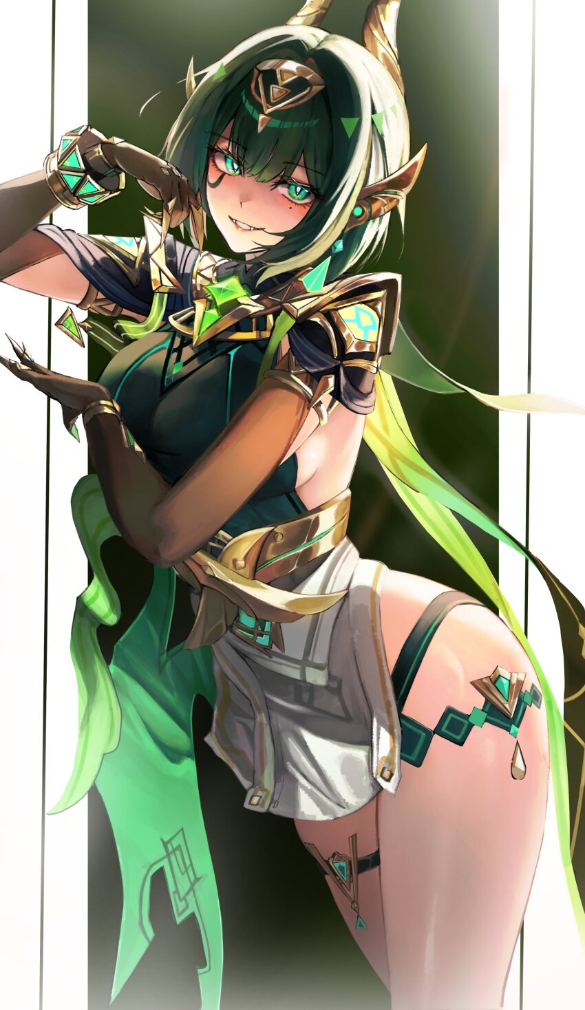 1girl, absurdres, breasts, claw_ring, claws, eye_tattoo, genshin_impact, green_eyes