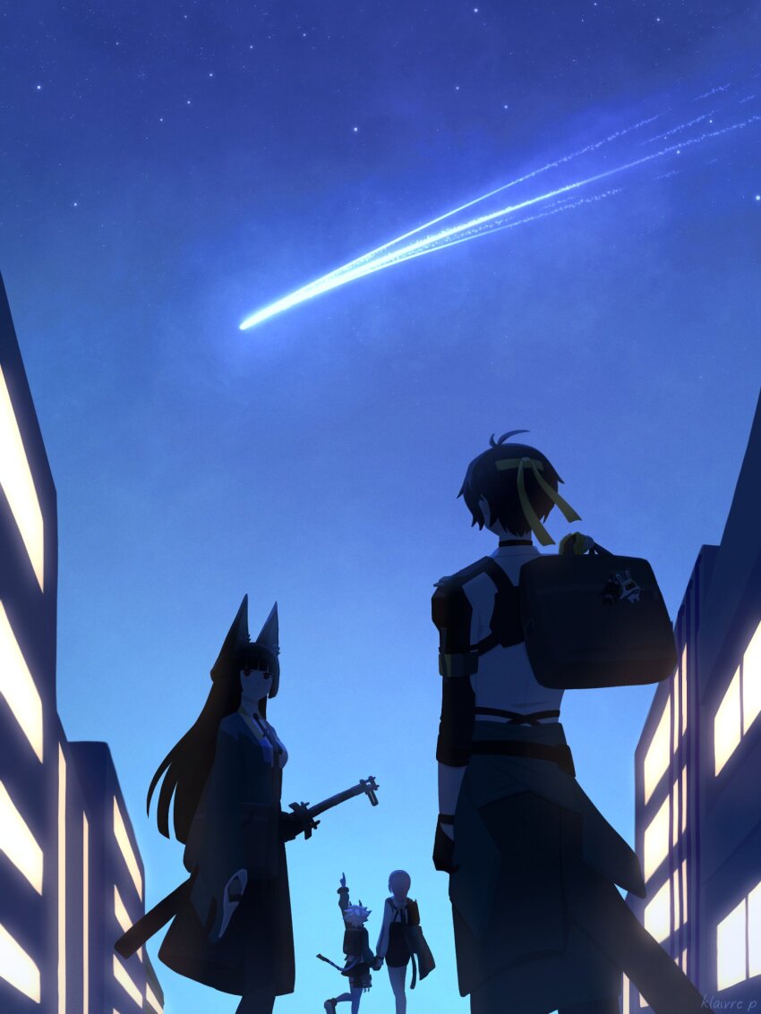 1boy, 3girls, animal_ear_fluff, animal_ears, antenna_hair, aqua_jacket, armor, artist_name