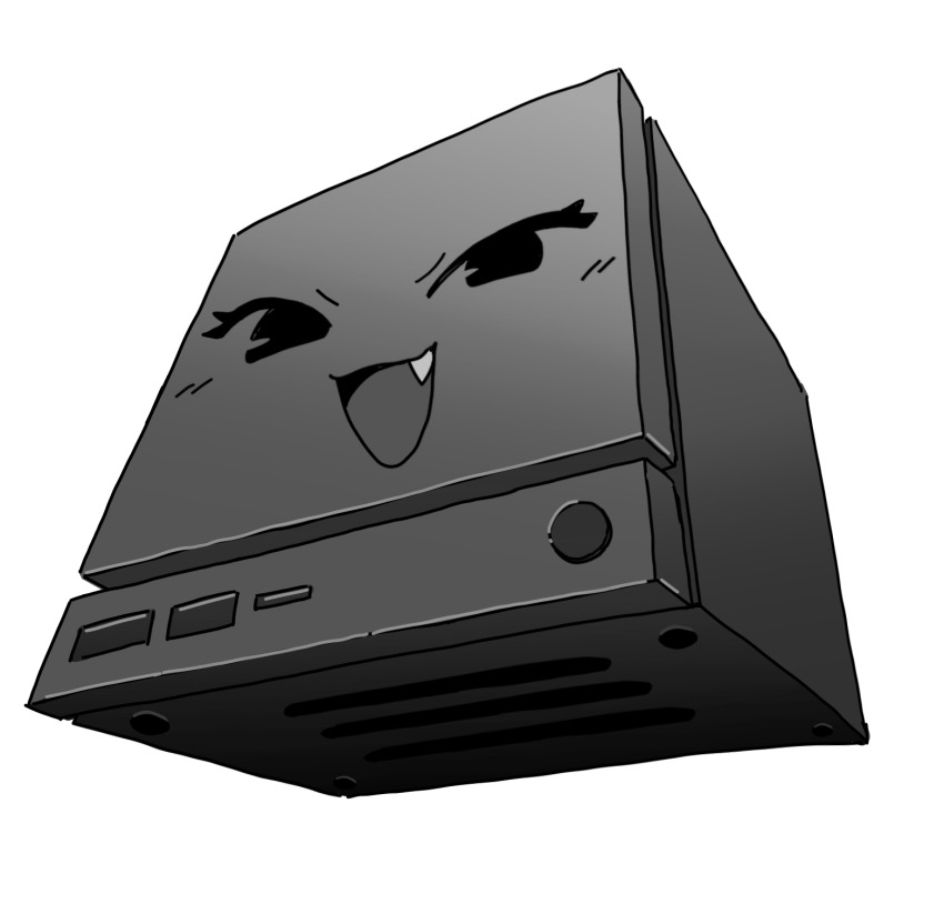 :3, :d, computer, cube, fang, greyscale, highres, mesugaki, monochrome, no_humans, open_mouth, orenjipiiru, push-button, simple_background, smile, steam_(platform), steam_machine, usb, usb_port_(object), valve_corporation, white_background