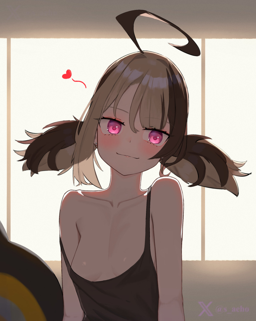 1girl, ahoge, bare_arms, bare_shoulders, black_camisole, blonde_hair, blush, breasts, brown_hair, camisole, collarbone, commentary, english_commentary, gigi_murin, heart, highres, hololive, hololive_english, huge_ahoge, indoors, looking_at_viewer, multicolored_hair, pink_eyes, s_aeho, small_breasts, smile, solo, strap_slip, twintails, two-tone_hair, upper_body, virtual_youtuber, window