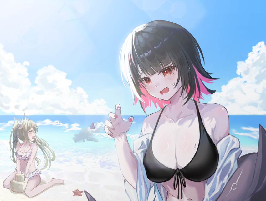2girls, bare_shoulders, beach, bikini, black_bikini, black_hair, blue_eyes, blue_sky