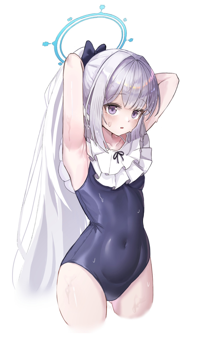 1girl, armpits, arms_behind_head, black_bow, black_one-piece_swimsuit, blue_archive, blue_halo, blush