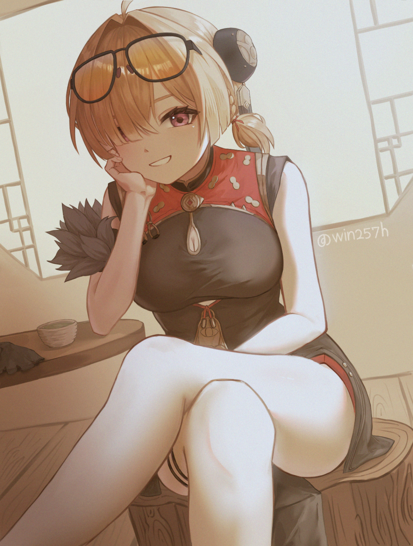 :d, ahoge, black_dress, blunt_bangs, blunt_ends, breasts, china_dress, chinese_clothes