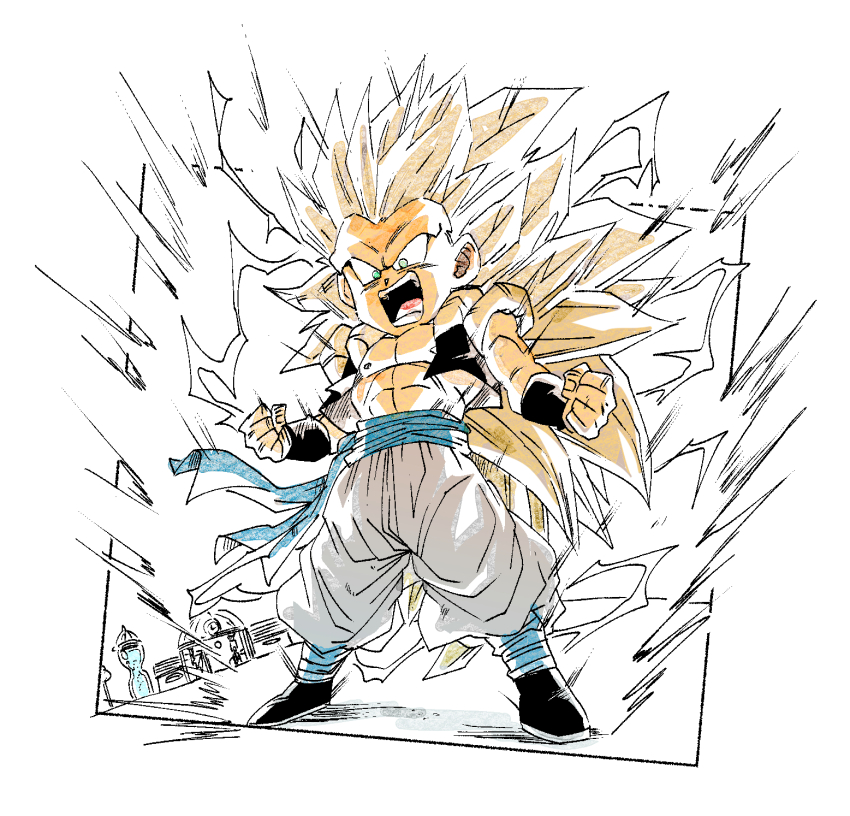 1boy, aura, black_vest, blonde_hair, blue_sash, child, dragon_ball, dragonball_z