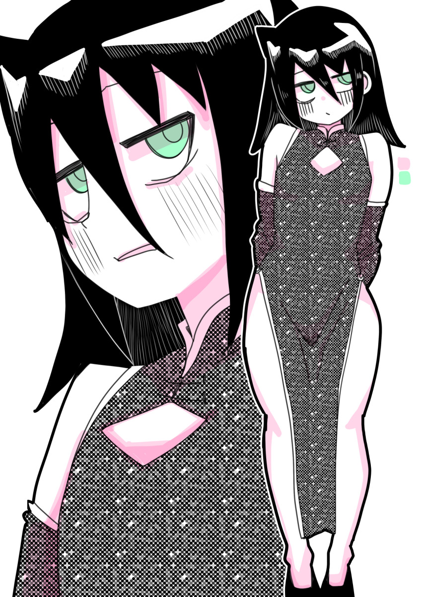1girl, arms_behind_back, bags_under_eyes, bare_shoulders, black_dress, black_hair, blush, breasts, china_dress, chinese_clothes, cleavage_cutout, clothing_cutout, detached_sleeves, dress, einoboru, elbow_gloves, flat_chest, full_body, gloves, green_eyes, hair_between_eyes, halftone, highres, kuroki_tomoko, loli, long_hair, looking_at_viewer, looking_to_the_side, multiple_views, simple_background, sleeveless, sleeveless_dress, solo, standing, watashi_ga_motenai_no_wa_dou_kangaetemo_omaera_ga_warui!, white_background, zoom_layer