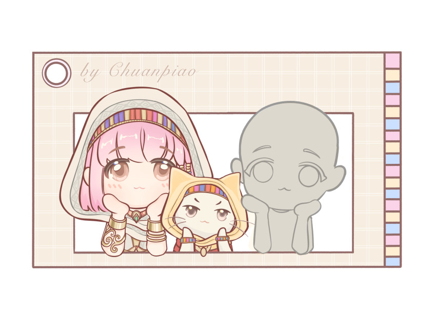 2girls, :3, animal, artist_name, beads, bracelet, brown_eyes, cape