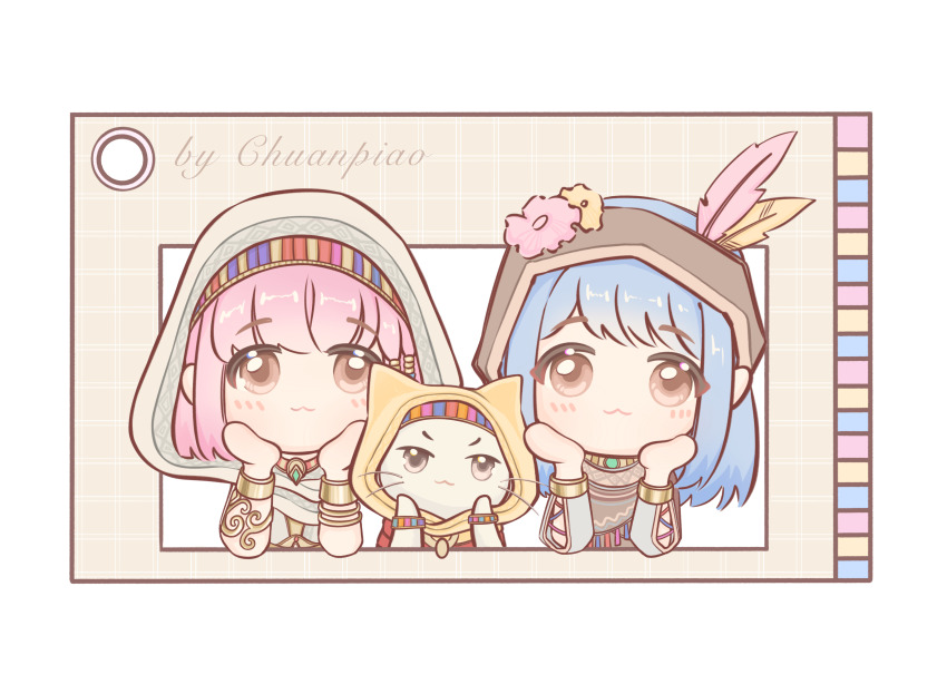 2girls, :3, animal, arm_cutout, artist_name, beads, blue_hair, bracelet