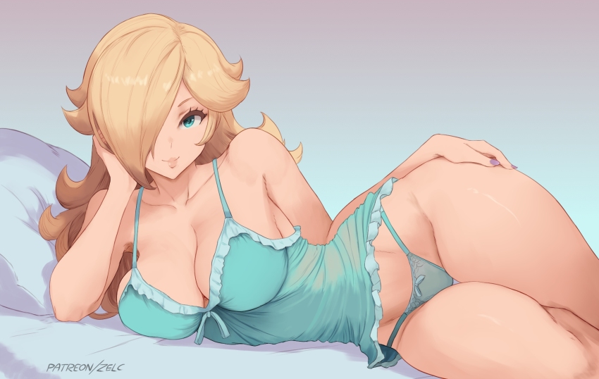 1girl, aqua_nightgown, aqua_panties, blonde_hair, bow, bow_panties, breasts, cleavage, closed_mouth, collarbone, commentary, english_commentary, gradient_hair, grey_background, hair_over_one_eye, highres, large_breasts, lips, long_hair, looking_at_viewer, lying, mario_(series), multicolored_hair, nightgown, nintendo, on_side, panties, patreon_username, pillow, rosalina, smile, super_mario_galaxy, thick_thighs, thighs, underwear, zelc-face