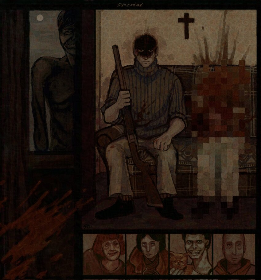 2girls, 3boys, black_hair, blood, censored, censored_violence, character_request, coat