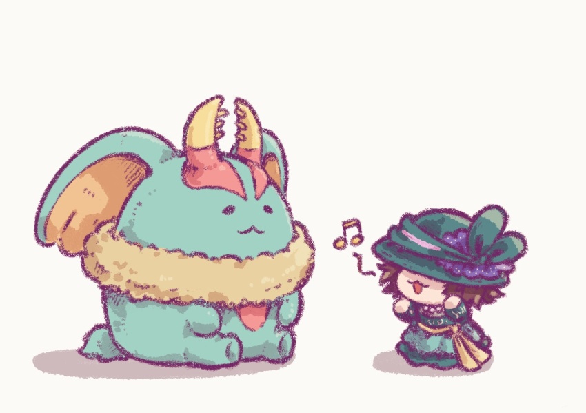 1girl, :3, brown_hair, chibi, covered_eyes, dress, fecto_elfilis, green_dress