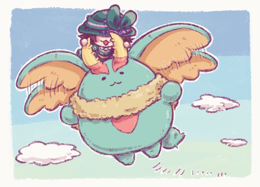 :3, blue_sky, blush_stickers, brown_hair, chibi, chibi_only, cloud, dress