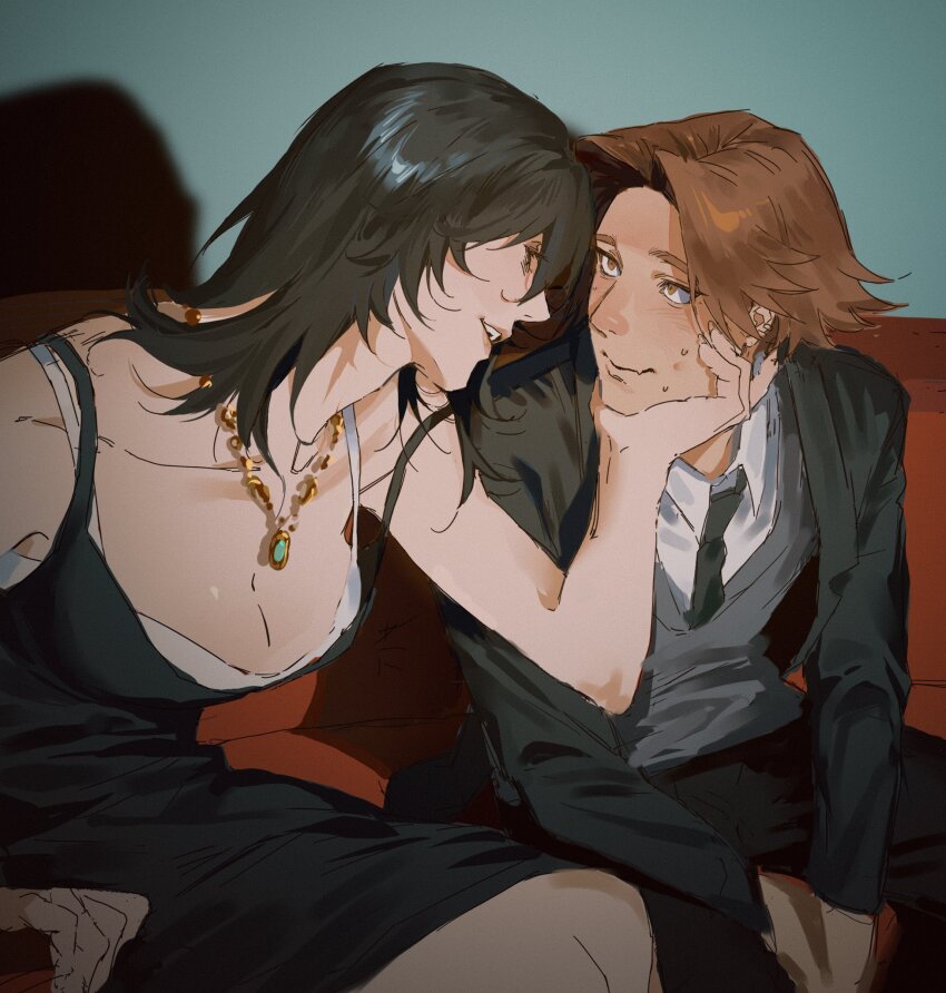 1boy, 1girl, anya_(mouthwashing), bare_shoulders, black_dress, black_hair, black_jacket, black_necktie