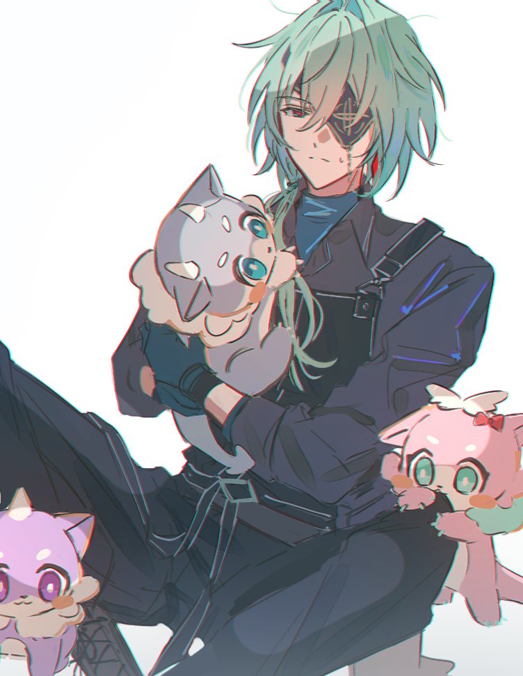 1boy, alternate_costume, anaxa_(honkai:_star_rail), aqua_hair, black_hair, black_pants, chain, chimera_(honkai:_star_rail)