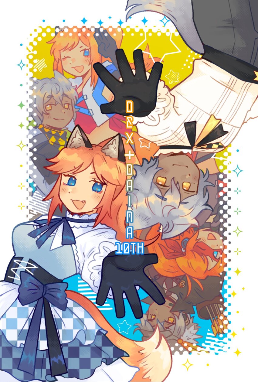 1boy, 1girl, ;d, animal_ear_fluff, animal_ears, anniversary, bandana, black_corset