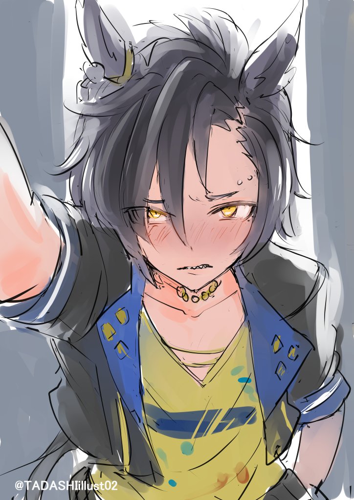 1girl, air_shakur_(umamusume), air_shakur_(unsigned)_(umamusume), animal_ears, black_hair, black_jacket, blush, commentary_request, embarrassed, eyebrow_piercing, face_piercing, grey_background, hair_between_eyes, horse_ears, horse_girl, jacket, kabedon_on_viewer, looking_at_viewer, open_clothes, open_jacket, piercing, sharp_teeth, shirt, short_hair, short_sleeves, sinzan, solo, teeth, tomboy, twitter_username, umamusume, upper_body, v-neck, yellow_eyes, yellow_shirt