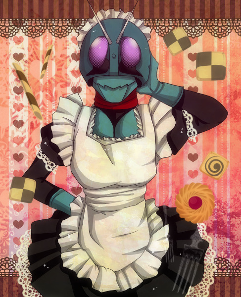 1boy, antennae, apron, arm_behind_back, armor, armor_under_clothes, bad_id, bad_pixiv_id, bodysuit, chocolate, cookie, crossdressing, dress, food, frilled_background, frilled_dress, frills, gloves, green_armor, hand_on_own_head, heart, heart_background, helmet, kamen_rider, kamen_rider_(1st_series), kamen_rider_1, maid, maid_apron, maid_headdress, male_focus, mask, masked, masked_male, red_scarf, scarf, wafer_stick