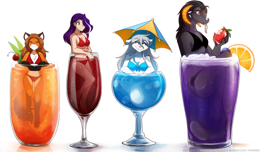 4girls, alcohol, animal_ears, animal_feet, bikini, black_bikini, black_hair, blue_bikini, cup, dragon_girl, drink, food, fox_ears, fox_girl, fox_tail, fruit, furry, furry_female, grey_hair, highres, horns, in_container, in_cup, laura_(twokinds), long_hair, maren_taverndatter, mini_person, minigirl, multiple_girls, official_art, orange_(fruit), orange_hair, orange_slice, parasol, princess_reni, purple_hair, raine_silverlock, red_bikini, simple_background, sitting, snout, strawberry, swimsuit, tail, tom_fischbach, tongue, tongue_out, twokinds, umbrella, very_long_hair, white_background, white_fur, wolf_ears, wolf_girl, wolf_tail, yellow_eyes
