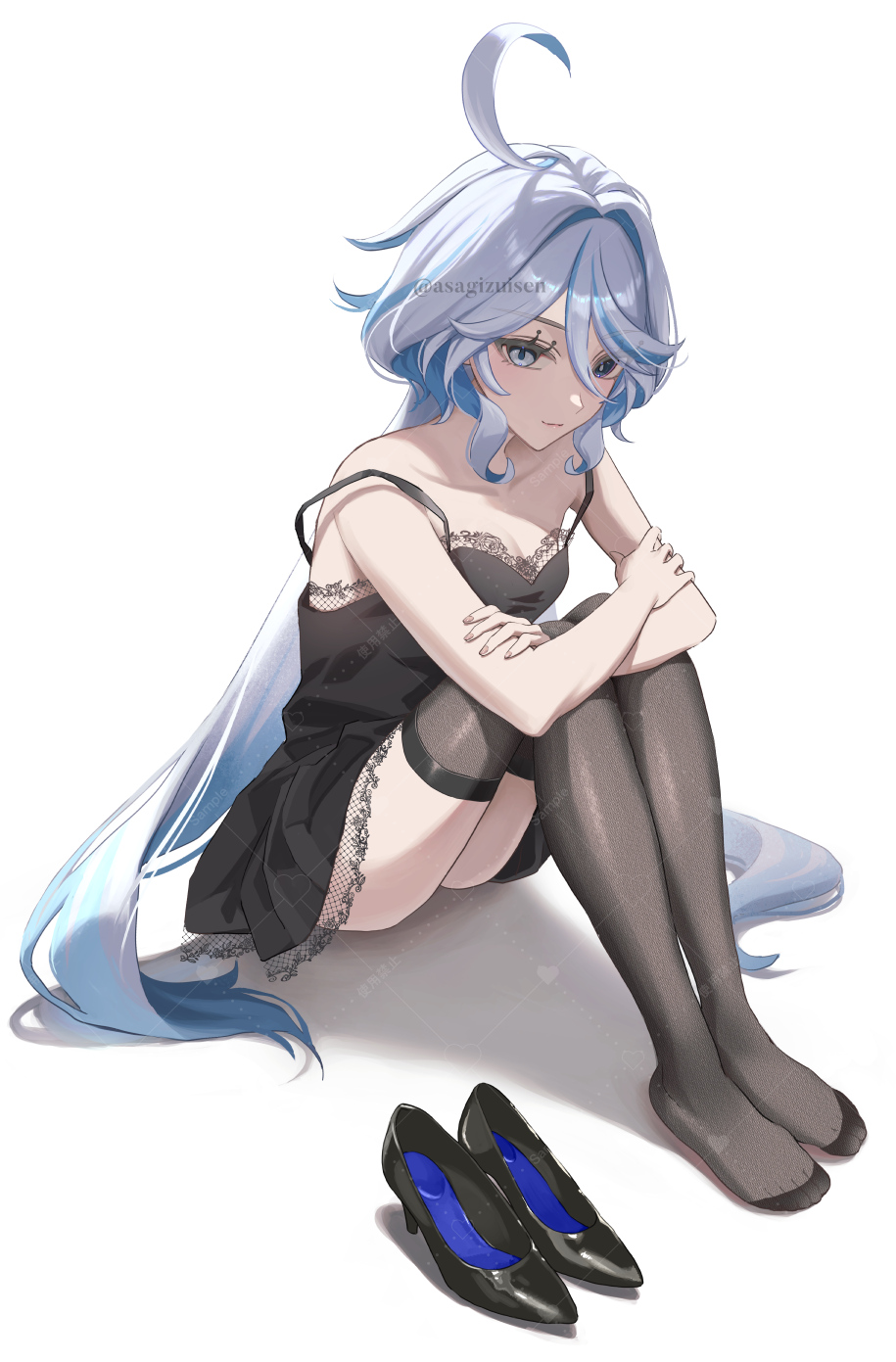 1girl, alternate_costume, asagizuisen, black_dress, black_shoes, black_thighhighs, blue_hair, breasts