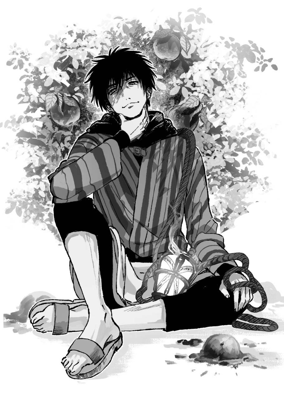 1boy, 33motokan, dekin_no_mogura, elbow_on_knee, highres, hood, hoodie, japanese_clothes