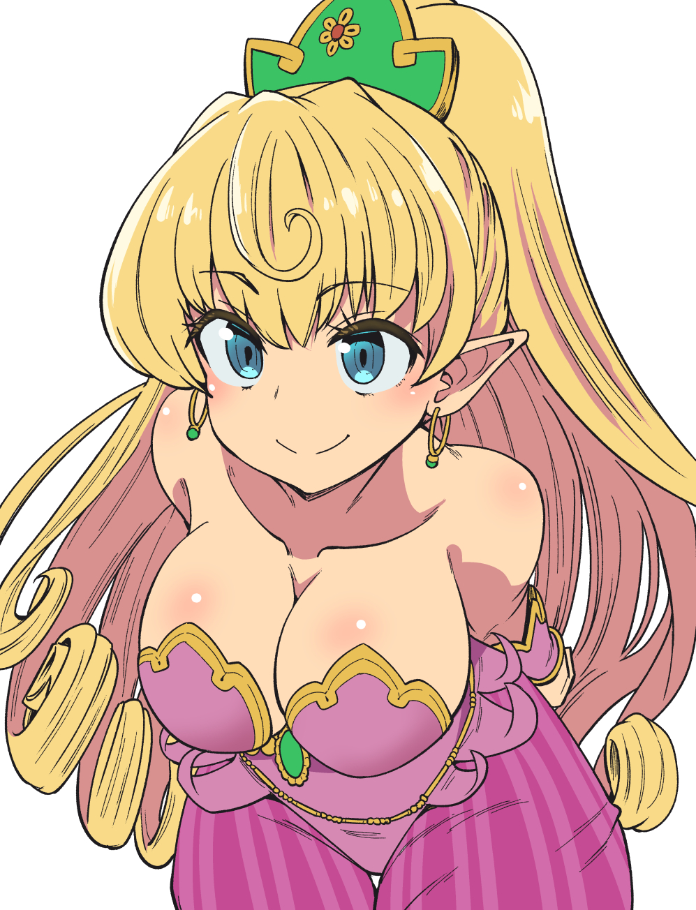 1girl, bare_shoulders, blonde_hair, blue_eyes, breasts, cleavage, closed_mouth, dress