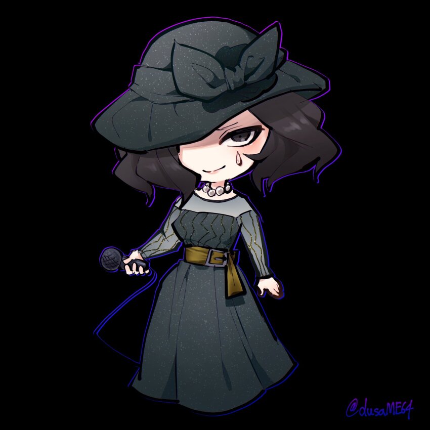 1girl, black_background, black_eyes, black_hair, black_hat, blue_outline, deformed, dress