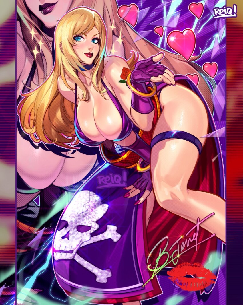1girl, arm_tattoo, ass, b._jenet, b.jenet, bare_shoulders, belt, blonde_hair, blue_eyes, bracelet, breasts, character_name, cleavage, dress, fatal_fury, fatal_fury:_city_of_the_wolves, female_focus, fingerless_gloves, garou:_mark_of_the_wolves, gloves, gold_bracelet, heart, highres, jewelry, large_breasts, lipstick_mark, long_hair, looking_at_viewer, nail_polish, pale_skin, purple_dress, reiq, rose_tattoo, shoulder_tattoo, skirt, skull_and_crossbones_print, snk, solo, standing, tattoo, the_king_of_fighters, thick_thighs, thigh_strap, thighs