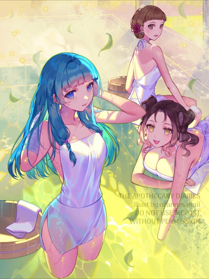 3girls, adjusting_hair, bandaged_arm, bandages, bare_shoulders, bath, bathing, blue_eyes