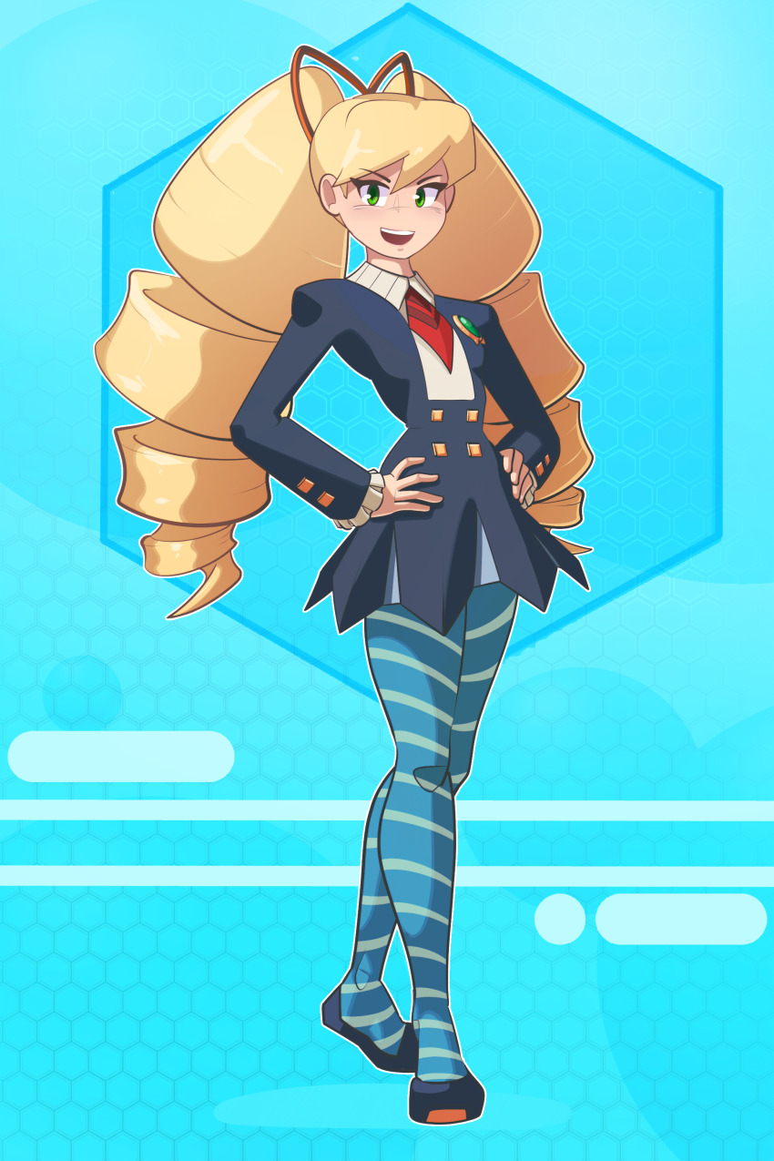 1girl, absurdres, blonde_hair, blue_background, blue_dress, blue_pantyhose, dress, drill_hair