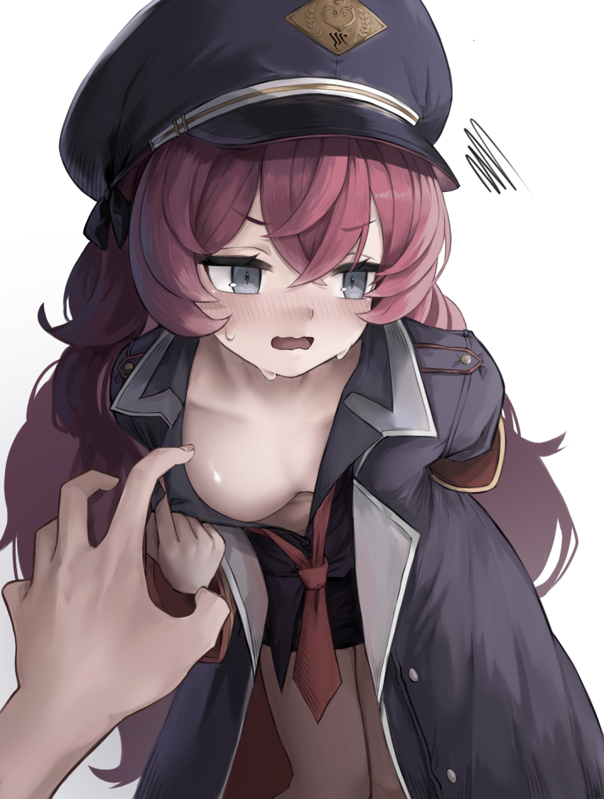 1boy, 1girl, arm_behind_back, armband, averting_eyes, black_coat, black_hat, black_ribbon, black_shirt, black_skirt, blue_archive, blush, breasts, clothes_pull, coat, collared_shirt, commentary, crossed_bangs, dress_shirt, embarrassed, fluffy_hair, grey_eyes, hair_between_eyes, hair_over_shoulder, hair_ribbon, hand_up, hat, hetero, highres, imminent_breast_grab, iroha_(blue_archive), korean_commentary, lazy_jeyuk_bokkeum, leaning_forward, loli, long_hair, long_sleeves, looking_to_the_side, loose_necktie, necktie, no_bra, nose_blush, open_clothes, open_coat, open_mouth, peaked_cap, pov, pov_hands, presenting_breasts, pulling_own_clothes, red_armband, red_hair, red_necktie, ribbon, shirt, shirt_partially_tucked_in, shirt_pull, simple_background, skirt, slit_pupils, small_breasts, solo, solo_focus, squiggle, sweat, sweatdrop, thighs, v-shaped_eyebrows, very_long_hair, wavy_hair, wavy_mouth, white_background