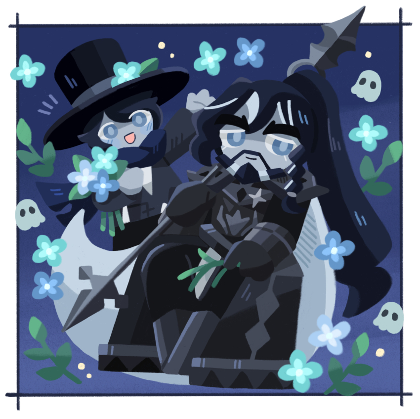 2boys, abandoned_cookie, ancestor_and_descendant, beard, black_hair, blue_eyes, blue_fire, charcoal_cookie, colored_eyelashes, cookie_run, cookie_run:_kingdom, facial_hair, fire, flower, ghost, highres, male_focus, multiple_boys, pearlk0326, ponytail, sitting