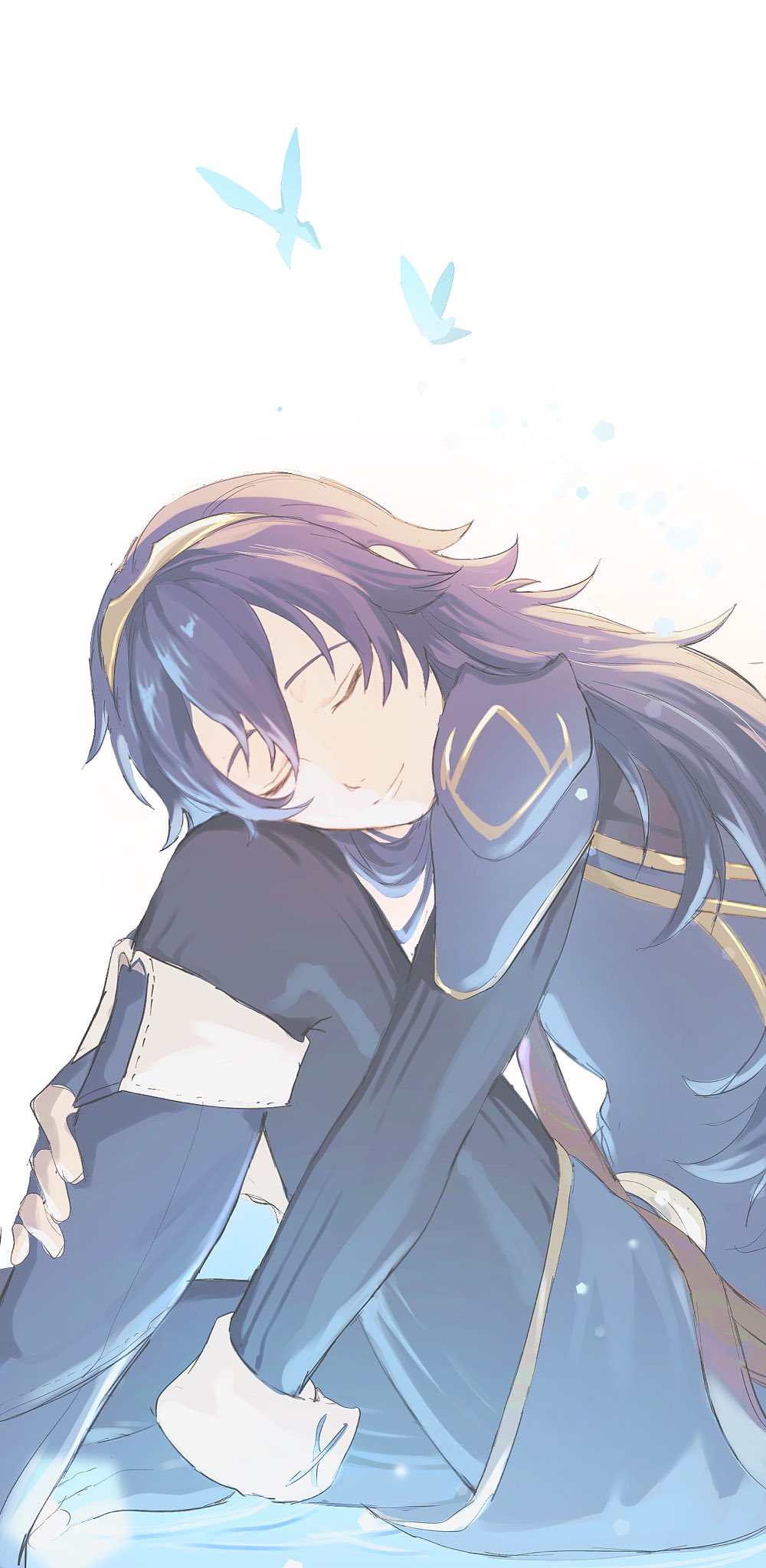 1girl, armor, blue_hair, cape, commentary_request, fingerless_gloves, fire_emblem, fire_emblem_awakening, gloves, hair_between_eyes, highres, long_hair, lucina_(fire_emblem), mimummom, nintendo, simple_background, smile, solo, tiara