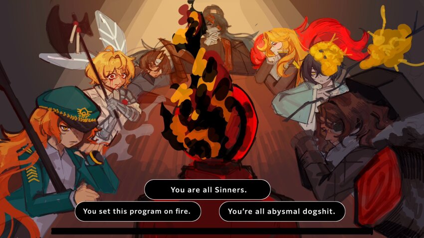 1other, 2girls, 5boys, alternate_eye_color, armor, arthropod_limbs, bandage_over_one_eye, beanni, black_hair, blonde_hair, blood, blood_on_face, blue_jacket, branch, brown_coat, brown_hair, coat, coffin, commentary, crossover, dante_(limbus_company), dark-skinned_male, dark_skin, dispatch, don_quixote_(project_moon), dullahan_(project_moon), e.g.o_(project_moon), english_commentary, english_text, eyepatch, hongyuan_(identity)_(project_moon), feather_boa, feathers, fire, flower, g_corp._(identity)_(project_moon), gameplay_mechanics, gauntlets, green_jacket, gregor_(project_moon), halberd, hanbok, harpoon, hat, heathcliff_(project_moon), high_ponytail, highres, holding, holding_branch, holding_polearm, holding_weapon, hong_lu_(project_moon), insect_wings, ishmael_(project_moon), jacket, korean_clothes, limbus_company, long_hair, multiple_boys, multiple_girls, n_corp._fanatic_(identity)_(project_moon), object_head, orange_hair, pauldrons, peaked_cap, pequod_(identity)_(project_moon), polearm, ponytail, profanity, project_moon, red_coat, red_eyes, red_feathers, sancho_(project_moon), short_hair, shoulder_armor, sinclair_(project_moon), single_pauldron, smoking_pipe, spicebush_(e.g.o), wax_seal, weapon, white_coat, wings, wuthering_heights_(identity)_(project_moon), yellow_eyes, yi_sang_(project_moon)