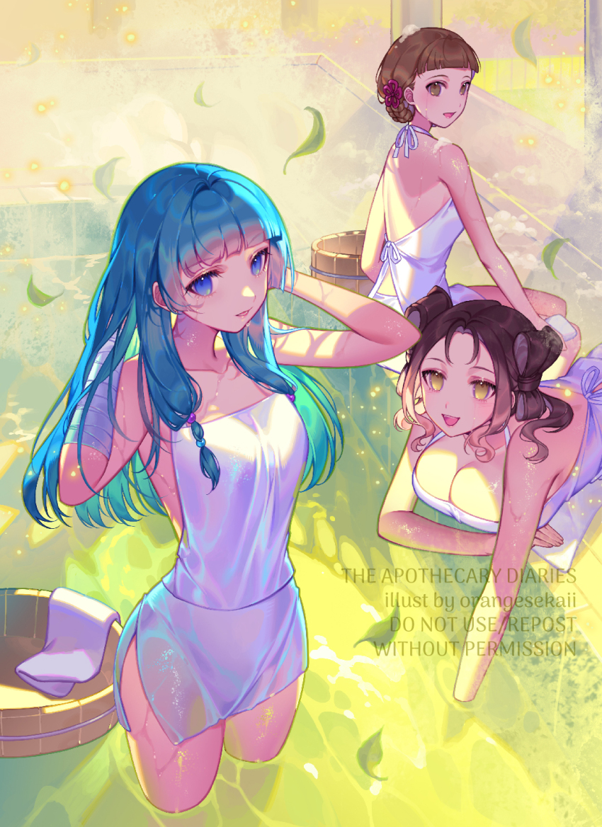 3girls, adjusting_hair, bandaged_arm, bandages, bare_shoulders, bath, bathing, blue_eyes