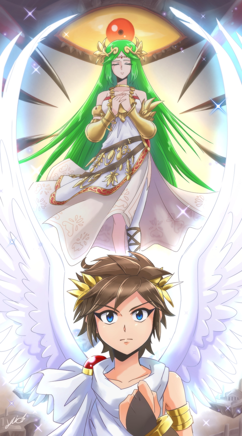 1boy, 1girl, 1other, angel, angel_wings, blue_eyes, brown_hair, chaos_kin