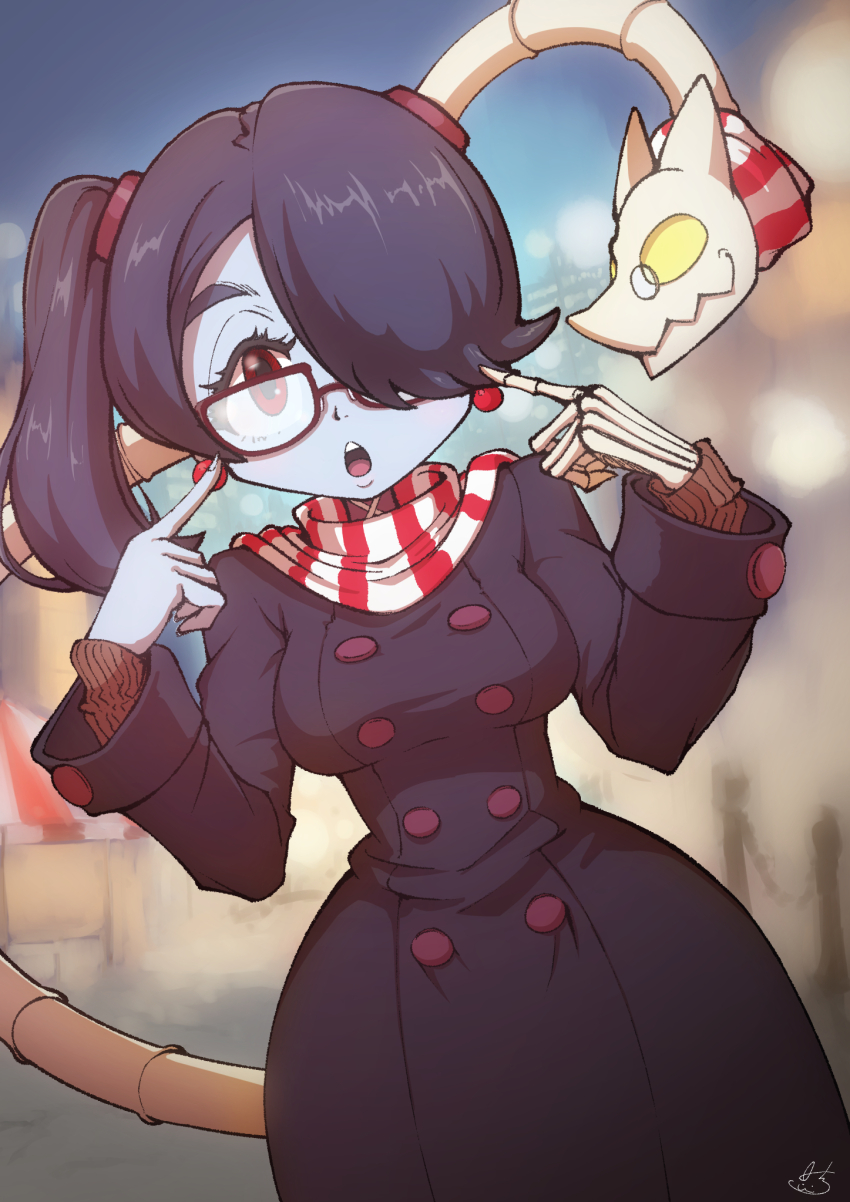 1563ichikorosan, 1girl, alternate_costume, blue_hair, blue_skin, blurry, blurry_background, blush