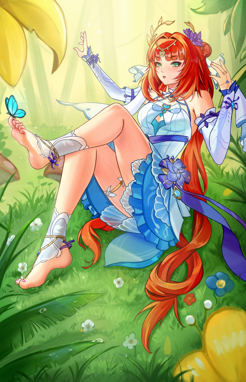 1girl, absurdres, arched_soles, armpit_crease, barefoot, barefoot_sandals_(jewelry), blue_eyes, blunt_bangs