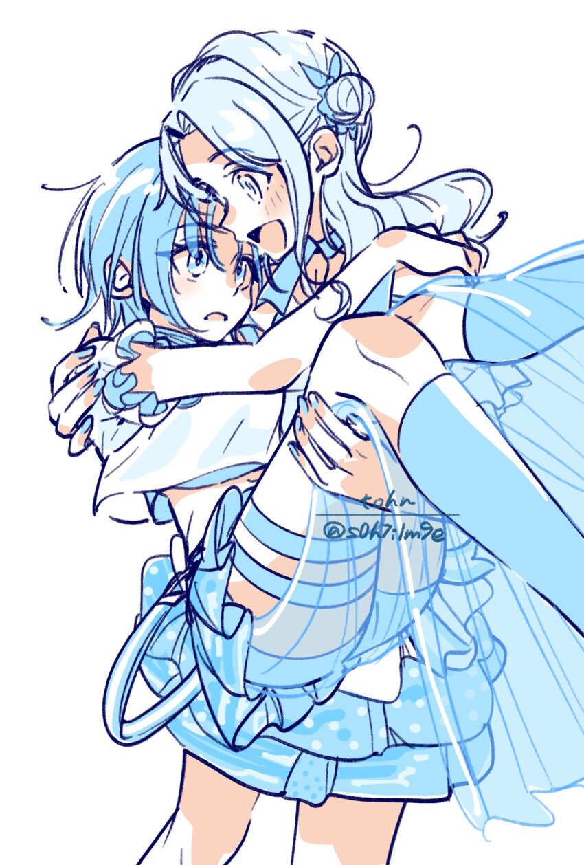 2girls, asakura_toru, blue_eyes, blue_hair, blue_nails, carrying, clear_marine_calm_(idolmaster), commentary_request