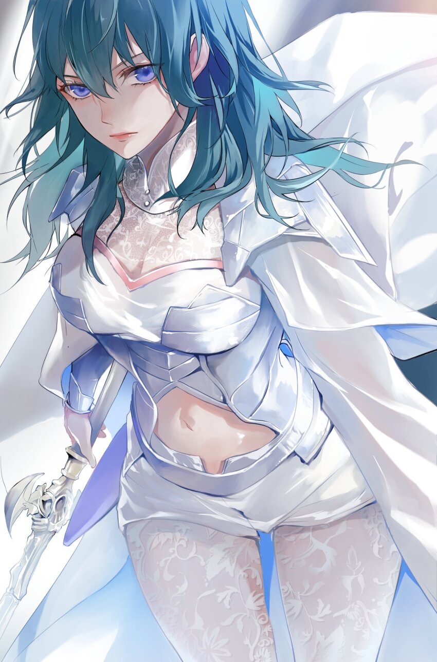 1girl, alternate_color, armor, blue_eyes, blue_hair, breasts, cape, cleavage