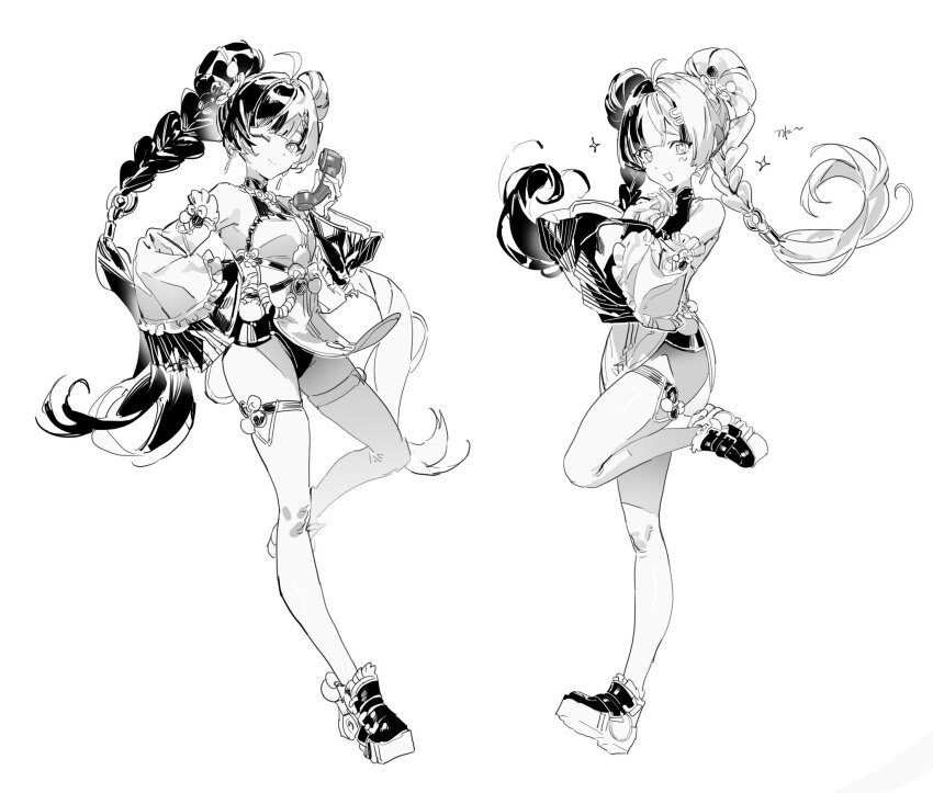 1girl, ahoge, bare_shoulders, black_hair, black_shoes, blush, braid, braided_twintails