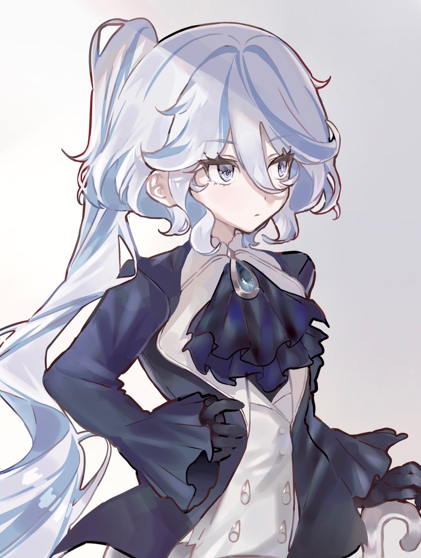 1girl, adapted_costume, ahoge, alternate_hairstyle, ascot, black_gloves, blue_ascot, blue_eyes