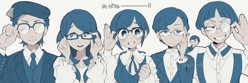 3boys, 3girls, adjusting_eyewear, beret, blue_hair, closed_eyes, closed_mouth, collared_shirt