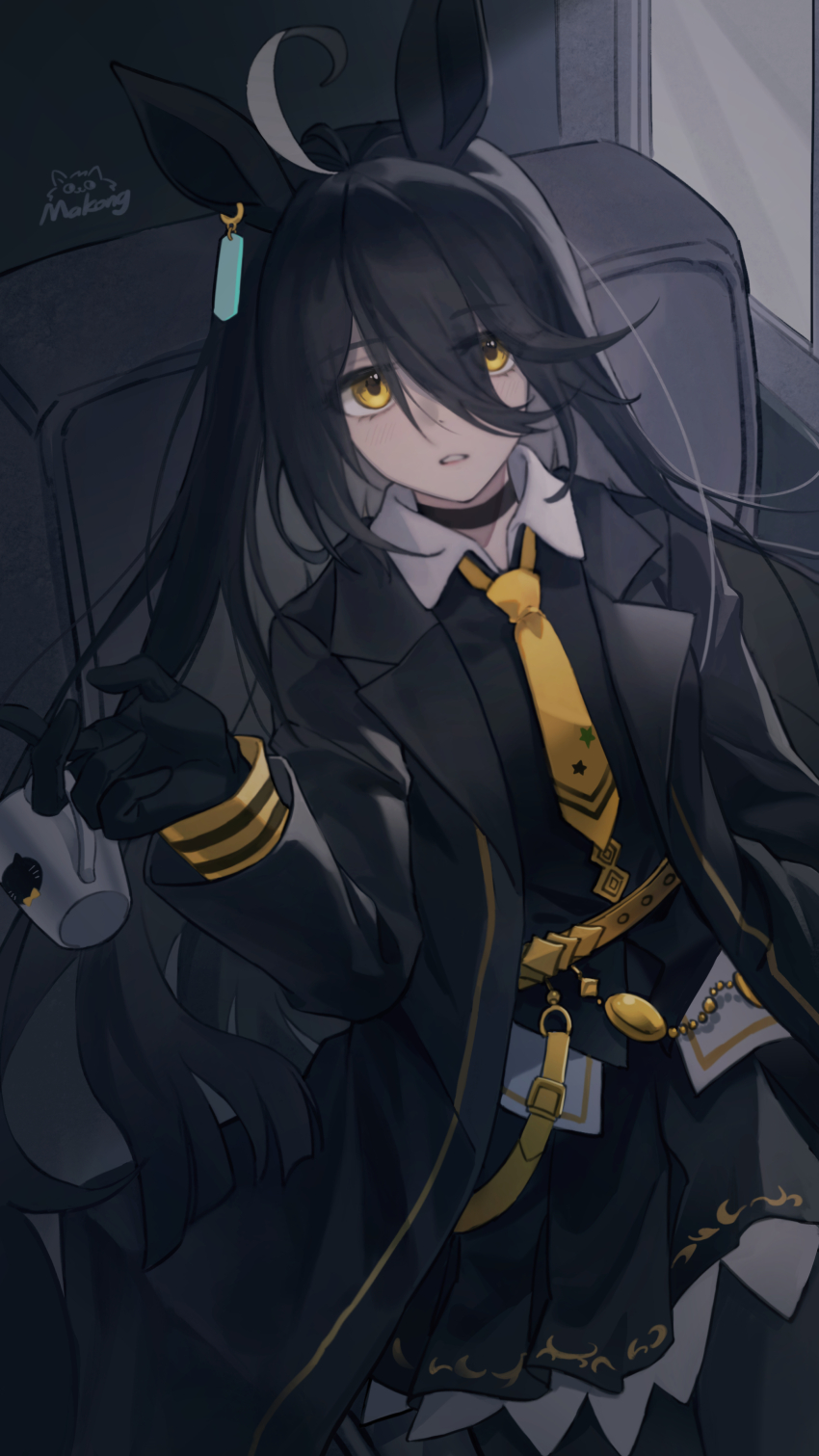 1girl, absurdres, ahoge, animal_ears, animal_print, artist_name, belt, black_choker, black_coat, black_gloves, black_hair, black_shirt, black_skirt, black_vest, cat_print, chair, choker, coat, coffee_mug, collared_shirt, commentary_request, couch, cup, ear_ornament, ear_tag, earrings, english_text, engrish_text, expressionless, gloves, hair_between_eyes, hand_up, hem_peeking_out, highres, holding, holding_cup, horse_ears, horse_girl, horse_tail, indoors, jewelry, long_bangs, long_hair, long_hair_between_eyes, long_sleeves, looking_at_viewer, makong6593, manhattan_cafe_(creeping_shadow)_(umamusume), manhattan_cafe_(umamusume), mug, multicolored_hair, necktie, on_couch, open_clothes, open_coat, parted_lips, pleated_skirt, ranguage, shirt, signature, single_earring, sitting, skirt, solo, tail, umamusume, very_long_hair, vest, white_hair, white_shirt, window, yellow_belt, yellow_eyes, yellow_necktie