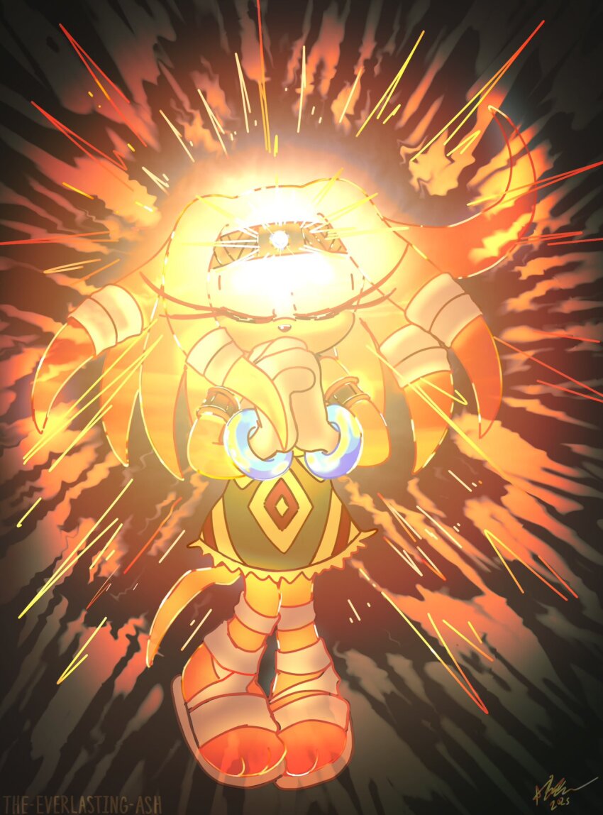 1girl, armlet, circlet, closed_eyes, commentary, dark_background, english_commentary, everlasting_ash, eyelashes, furry, furry_female, glowing, gold_circlet, highres, jewelry, light_rays, orange_fur, own_hands_clasped, own_hands_together, sandals, solo, sonic_(series), sonic_adventure, tikal_the_echidna