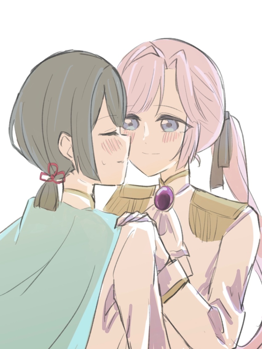 2girls, anyoji_hime, black_hair, blush, closed_mouth, commentary, epaulettes, gloves