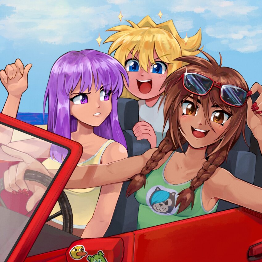 3girls, blonde_hair, blue_eyes, braid, breasts, brown_eyes, brown_hair, car
