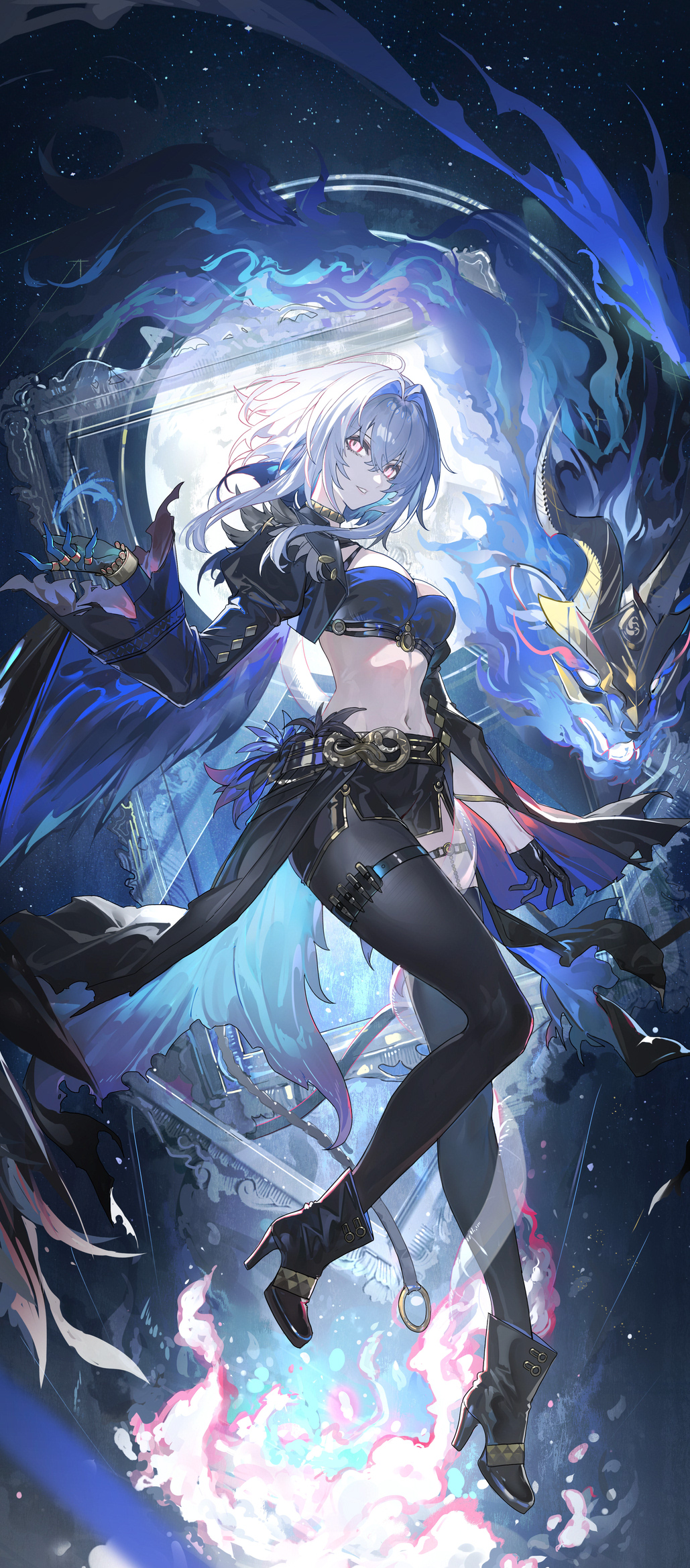 1girl, black_boots, black_jacket, black_pantyhose, black_shorts, black_thighhighs, blue_bra, blue_hair