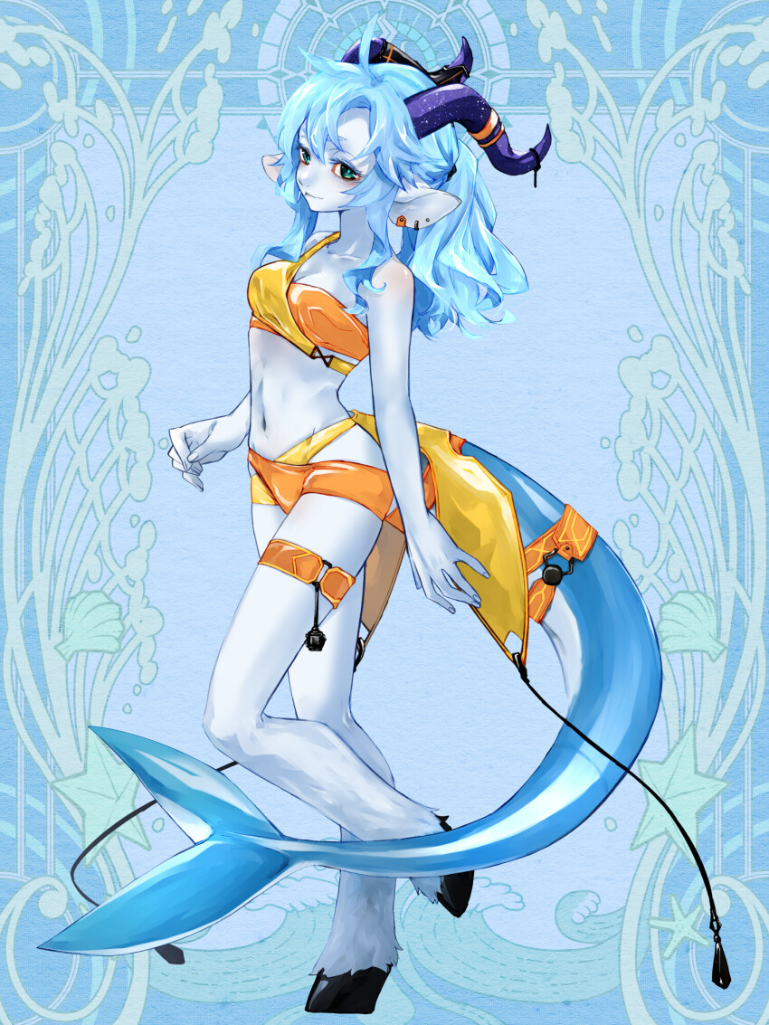 1girl, animal_ears, bikini, blue_background, blue_hair, breasts, cleavage, colored_skin, dairoku_ryouhei, fins, fish_tail, furry, goat_ears, green_eyes, grey_skin, highres, hooves, horns, long_hair, navel, peiyutwitt, shark_tail, swimsuit, tail, thigh_strap